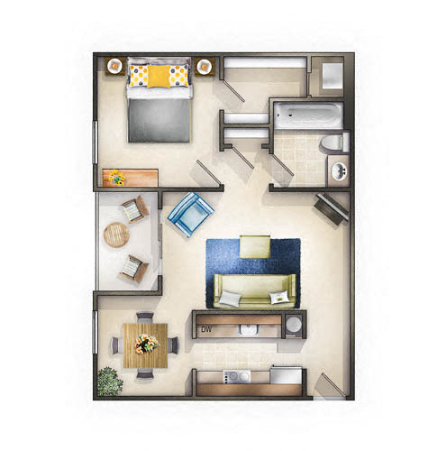 Floor plan for 1 bed, 1 bath, 650 sqft